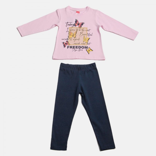 Σετ εποχιακό κολάν - μπλούζα μακρυμάνικη, με στάμπα και σχέδιο πεταλούδες, ροζ - μπλε navy 